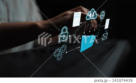 Digital Technology and Data Management Concept with Icons Representing Cloud Computing, Security, and Communication Interactions in a Modern Workspace. Entropy Digital Technology and Data Management Concept with Icons Representing Cloud Computing, Security, and Communication Interactions in a Modern Workspace. Entropy 141874439