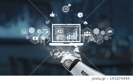 Futuristic robotic hand reaching towards digital screen displaying data analytics and advertising metrics with icons representing marketing strategies and insights Synapse 141874494