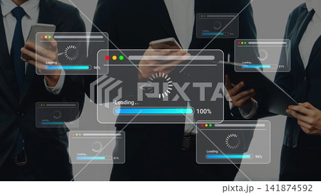 Business professionals using technology with loading screens on smartphones and tablets in a modern office setting, representing digital connectivity and progress Gluon Business professionals using technology with loading screens on smartphones and tablets in a modern office setting, representing digital connectivity and progress Gluon 141874592