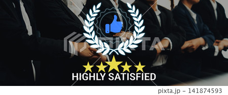 Business Meeting Highlighting Highly Satisfied Clients with Thumbs Up Icon and Decorative Laurel Wreath in Professional Setting. Sentient 141874593