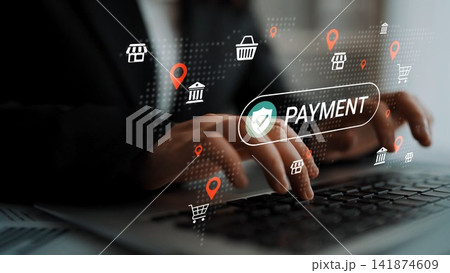 Hands Typing on Laptop with Digital Payment Icons Showing Online Transaction and E-Commerce Concept in Modern Business Environment Gluon Hands Typing on Laptop with Digital Payment Icons Showing Online Transaction and E-Commerce Concept in Modern Business Environment Gluon 141874609