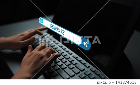 Hands Typing on a Keyboard with AI Generate Text Bar Overlay in a Darkened Workspace, Highlighting Digital Innovation and Technology Integration. Entropy Hands Typing on a Keyboard with AI Generate Text Bar Overlay in a Darkened Workspace, Highlighting Digital Innovation and Technology Integration. Entropy 141874615