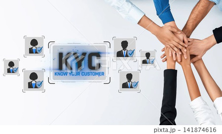 A creative depiction of teamwork in the KYC process, showing hands united in collaboration with diverse customer profiles against a sleek digital background. Sigmoid A creative depiction of teamwork in the KYC process, showing hands united in collaboration with diverse customer profiles against a sleek digital background. Sigmoid 141874616