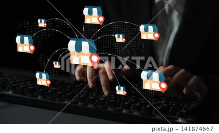 Online Business Management Concept with Small Store Icons and Location Pins Connected to a Keyboard for Digital Marketing and E-commerce Visualization Gluon Online Business Management Concept with Small Store Icons and Location Pins Connected to a Keyboard for Digital Marketing and E-commerce Visualization Gluon 141874667