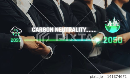 Visual Representation of Carbon Neutrality Goal Timeline with Business Professionals Collaborating for a Sustainable Future by 2050. Raster Visual Representation of Carbon Neutrality Goal Timeline with Business Professionals Collaborating for a Sustainable Future by 2050. Raster 141874671