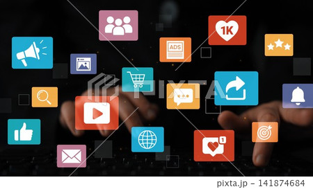 Digital Marketing Icons with Hands Typing on Keyboard Representing Social Media Engagement and Online Business Strategy. Entropy Digital Marketing Icons with Hands Typing on Keyboard Representing Social Media Engagement and Online Business Strategy. Entropy 141874684