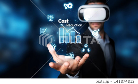 Business Professional Using Virtual Reality Technology to Analyze Cost Reduction Strategies in Futuristic Environment. Raster Business Professional Using Virtual Reality Technology to Analyze Cost Reduction Strategies in Futuristic Environment. Raster 141874812
