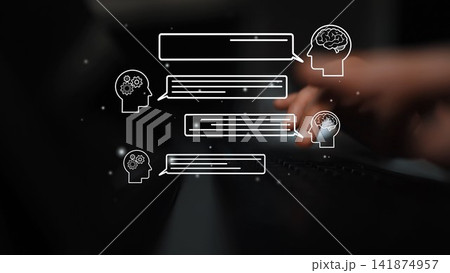 Digital Communication Concept with Hands Typing on Keyboard and Abstract Speech Bubbles Representing Thoughts and Ideas Exchange. Entropy Digital Communication Concept with Hands Typing on Keyboard and Abstract Speech Bubbles Representing Thoughts and Ideas Exchange. Entropy 141874957