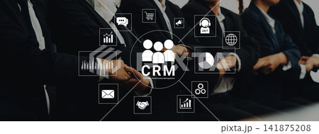 Business Team Collaboration with CRM Icons Representing Customer Relationship Management Concepts and Strategies in a Modern Office Environment. Glyphic Business Team Collaboration with CRM Icons Representing Customer Relationship Management Concepts and Strategies in a Modern Office Environment. Glyphic 141875208