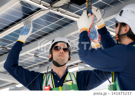Team man engineer inspection maintenance solar panel, renewable energy. 141875237