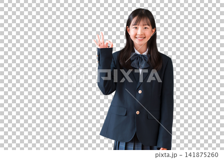 Female elementary, middle, and high school students in uniform giving an OK sign. Female elementary, middle, and high school students in uniform giving an OK sign. 141875260