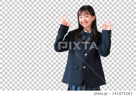 Female elementary, middle, and high school students in uniform giving an OK sign. Female elementary, middle, and high school students in uniform giving an OK sign. 141875261