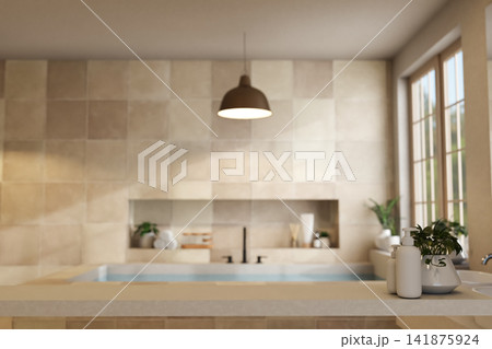 Modern bathroom counter with bathtub and warm light background 141875924