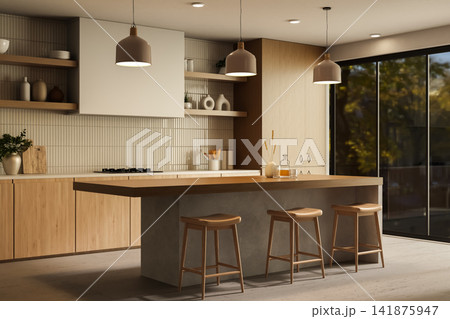 Modern kitchen island with bar stools and pendant lights Modern kitchen island with bar stools and pendant lights 141875947