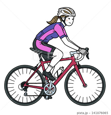 赤いロードバイクに乗る女性 141876065