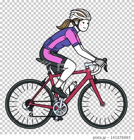 赤いロードバイクに乗る女性 141876065