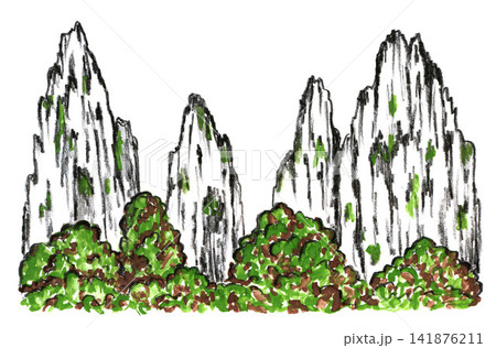 Traditional Chinese East Asian mountain landscape painted with black charcoal pencil and green gouache. Karst white cliffs and trees. Hand drawn illustration for postcards, prints, tourism, travel. 141876211