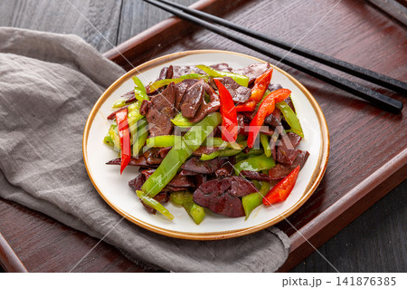 spicy Stir Fried Pork Liver with Chili and Bell Peppers Traditional Chinese Dish spicy Stir Fried Pork Liver with Chili and Bell Peppers Traditional Chinese Dish 141876385
