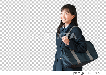 Elementary, middle, and high school girls in school uniforms carrying school bags. Elementary, middle, and high school girls in school uniforms carrying school bags. 141876535