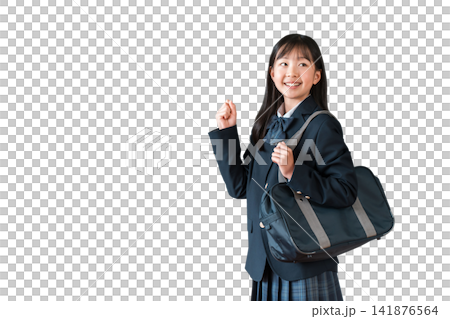 ガッツポーズをするブレザー姿の小学生,中学生,高校生の女子生徒 141876564