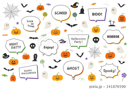 ハロウィンのかわいい素材のセット　ハロウィーン　蜘蛛の巣　イラスト　ベクター　背景　おばけ　ふきだし 141876590