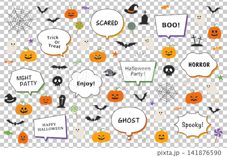 ハロウィンのかわいい素材のセット　ハロウィーン　蜘蛛の巣　イラスト　ベクター　背景　おばけ　ふきだし 141876590