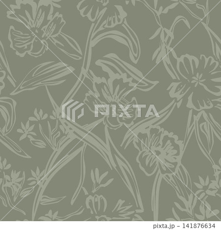 Khaki Green Botanical  Floral seamless pattern design 141876634