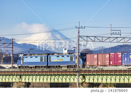 多摩川を渡る貨物列車と富士山 多摩川を渡る貨物列車と富士山 141876693