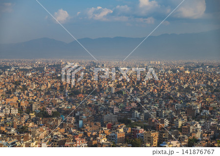 Panoramic view of Kathmandu city valley in Nepal with mountains and sky copy space Panoramic view of Kathmandu city valley in Nepal with mountains and sky copy space 141876767