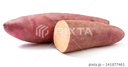 raw red skin sweet potato pile on white background raw red skin sweet potato pile on white background 141877461
