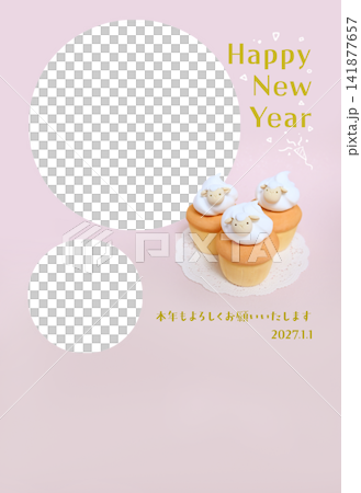 New Year's card photo frame featuring a cupcake topped with sheep cream, includes English New Year's greetings, a message, and the year. New Year's card photo frame featuring a cupcake topped with sheep cream, includes English New Year's greetings, a message, and the year. 141877657