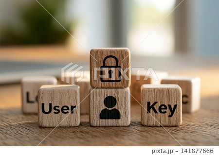 Wooden block lock icon user icon key text data security access control Wooden blocks with lock, user, key icons desk soft natural light Wooden block lock icon user icon key text data security access control Wooden blocks with lock, user, key icons desk soft natural light 141877666