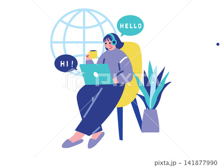 オンライン英会話で英語を学ぶ女性のイラスト オンライン英会話で英語を学ぶ女性のイラスト 141877990