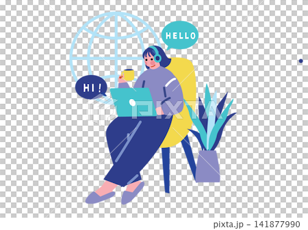 オンライン英会話で英語を学ぶ女性のイラスト オンライン英会話で英語を学ぶ女性のイラスト 141877990