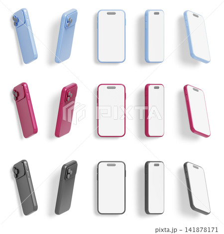 3D smartphone mockup set in light blue, dark cherry and gray colors. Render mobile phone with blank white screen isolated in different angles for app presentation or digital marketing. 3D illustration 3D smartphone mockup set in light blue, dark cherry and gray colors. Render mobile phone with blank white screen isolated in different angles for app presentation or digital marketing. 3D illustration 141878171