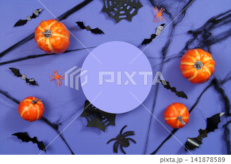 Halloween background with circular blank card frame pumpkins and spider webs Halloween background with circular blank card frame pumpkins and spider webs 141878589