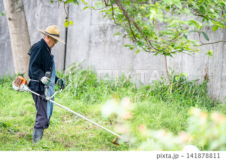 初夏に草刈り機で草刈りをする高齢男性 初夏に草刈り機で草刈りをする高齢男性 141878811