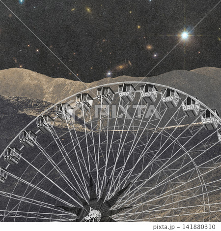 Ferris wheel reaching for cosmic stars and mountains 141880310