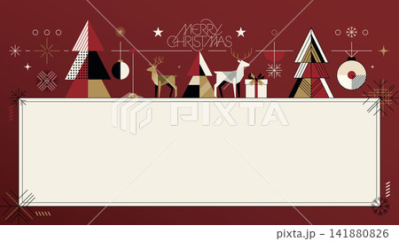 Abstract geometric Merry Christmas elements with blank rectangular frame on red background modern retro style horizontal template Abstract geometric Merry Christmas elements with blank rectangular frame on red background modern retro style horizontal template 141880826