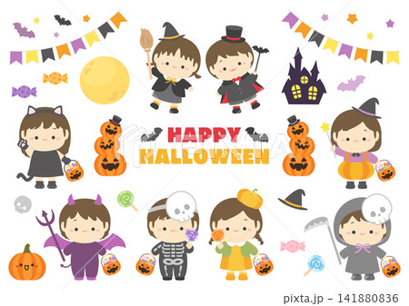 ハロウィンの仮装をした子供たちのイラストセット ハロウィンの仮装をした子供たちのイラストセット 141880836