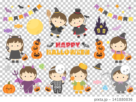 ハロウィンの仮装をした子供たちのイラストセット ハロウィンの仮装をした子供たちのイラストセット 141880836