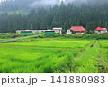 只見線「会津中川周辺の赤い屋根の民家と田園風景」 141880983