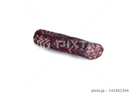 Smoked sausage with lard isolated on white background for food photography. Smoked sausage with lard isolated on white background for food photography. 141881164