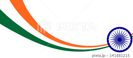 Indian Tricolor Wavy Flag Banner with Ashoka Chakra and copy space. Patriotic Celebration Design isolated on transparent background. Vector Indian Tricolor Wavy Flag Banner with Ashoka Chakra and copy space. Patriotic Celebration Design isolated on transparent background. Vector 141881215