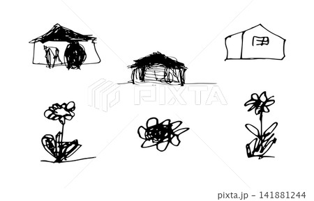 3つの家と3つの花のモノクロ手描き線画セット 3つの家と3つの花のモノクロ手描き線画セット 141881244