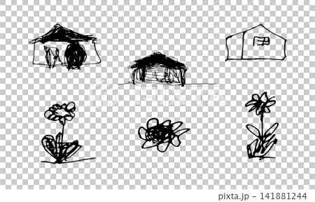 3つの家と3つの花のモノクロ手描き線画セット 3つの家と3つの花のモノクロ手描き線画セット 141881244