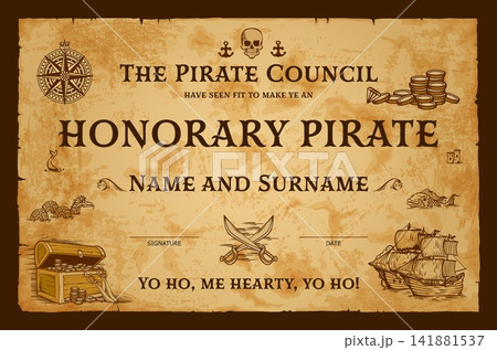Old paper scroll parchment for kids pirate council diploma certificate on corsair sea map background. Kids diploma certificate with pirate skull, treasure chest with gold and corsair sailboat in ocean Old paper scroll parchment for kids pirate council diploma certificate on corsair sea map background. Kids diploma certificate with pirate skull, treasure chest with gold and corsair sailboat in ocean 141881537