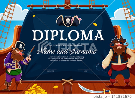 Kids diploma certificate with cartoon funny pirates on ship or sailboat deck. Kids diploma or appreciation letter award, corsair sailor in captain hat and boatswain with musket gun and saber sword 141881676