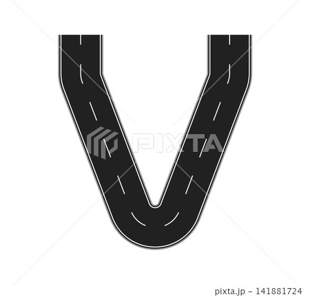 Asphalt road letter V formed from a curved highway with lane markings and shoulder lines. Road font letter, asphalt path way typeface, abc English highway route alphabet typographic transport symbol 141881724