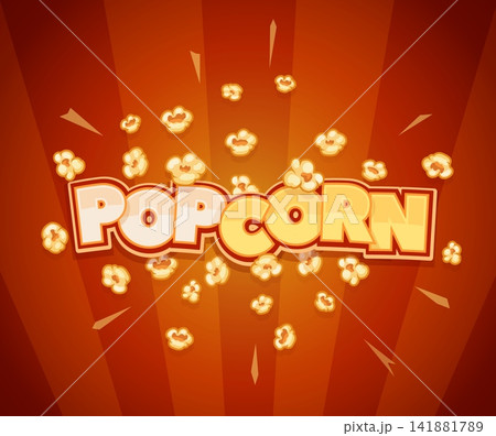 Vintage movie popcorn retro banner and cinema pop corn label on caramel background. Popcorn retro label with pop corn splash for cinema theater snack bucket or movie bar food poster Vintage movie popcorn retro banner and cinema pop corn label on caramel background. Popcorn retro label with pop corn splash for cinema theater snack bucket or movie bar food poster 141881789